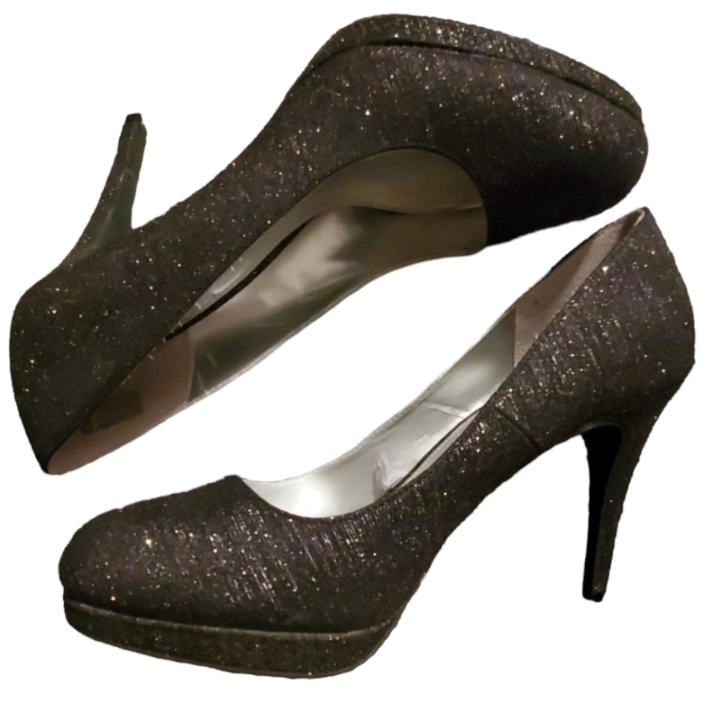 Fioni 10 Black Glitter Heels Close Toe Platform Pumps